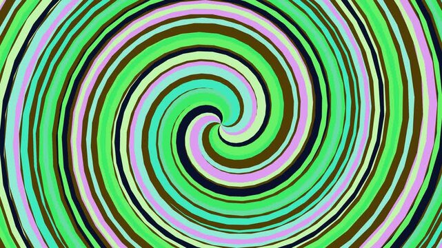Vibrant green spiral pattern with multicolored stripes on a white background