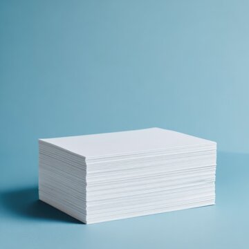 Stack of blank white paper sheets on light blue background