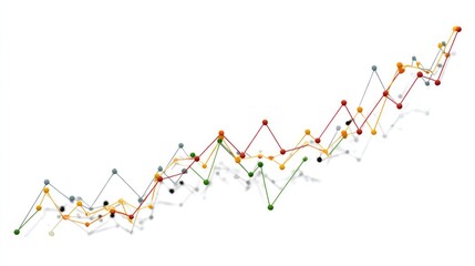 Naklejka premium Ascending Trend Chart: A colorful and dynamic line graph illustrates a clear upward trend, with intersecting data points and evolving patterns that suggest growth, progress, and statistical analysis.