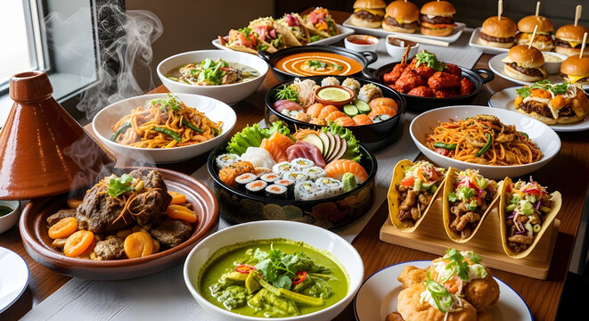 Assorted dishes representing multicultural cuisine arranged on table highlighting global gastronomy diversity and vibrant flavors. Concept food.