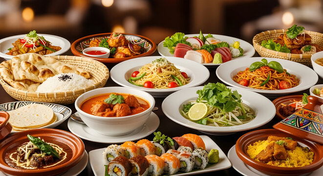 Assorted dishes representing multicultural cuisine arranged on table highlighting global gastronomy diversity and vibrant flavors. Concept food.