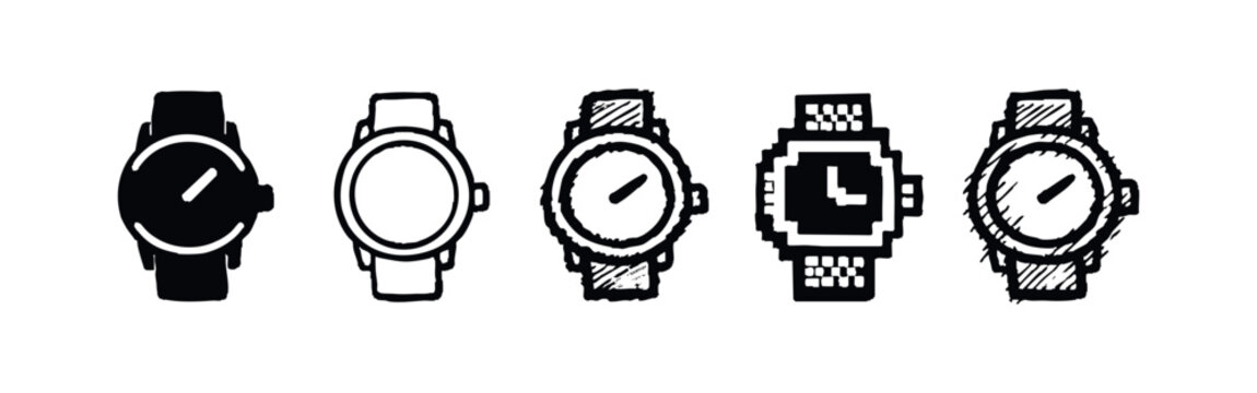 Diverse Watch Icons Set: Hand-Drawn, Pixel Art, and Outline Styles for Time and Fashion Concepts