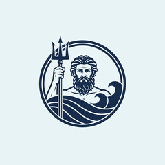 Iconic illustration of a powerful bearded sea deity emerging from waves, holding a trident, within a circular emblem design.