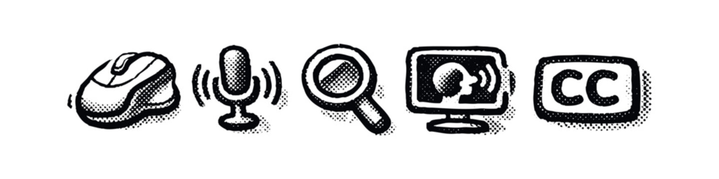 Digital Audio, Search, and Accessibility Icons Set with Mouse, Microphone, Magnifying Glass, and Closed Captions
