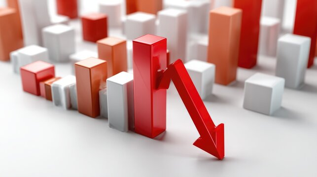 Downward Trend: A graphic illustrating a downward financial trend with red and white bar graphs, depicting a decrease in the market