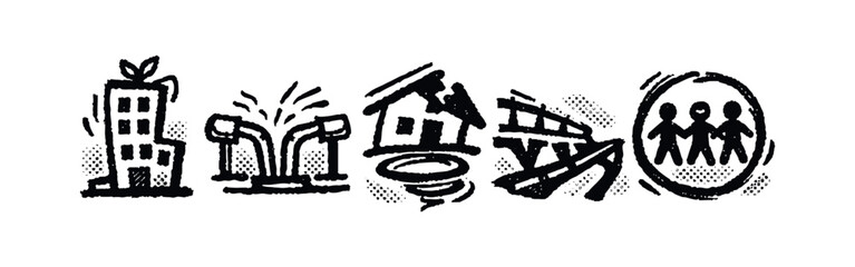 Fototapeta na wymiar Icons representing environmental impact, natural disasters, infrastructure, and community resilience, in a sketch style.