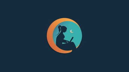 Obraz premium Woman working on laptop at night with crescent moon