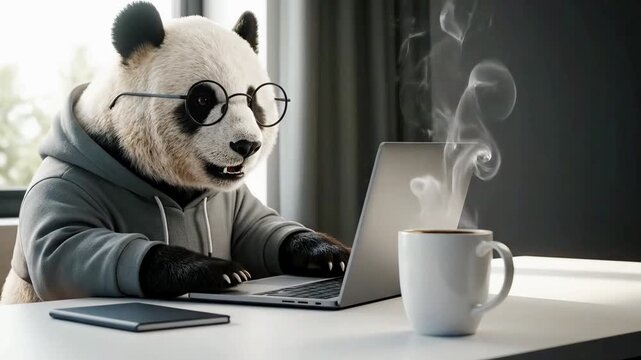 Panda in hoodie and glasses typing on laptop with coffee