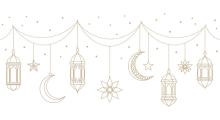 Ramadan Islamic lanterns and crescent moon decorations hanging on a string. © dada