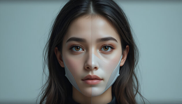 A woman with a digitally enhanced face showcasing beauty and technology