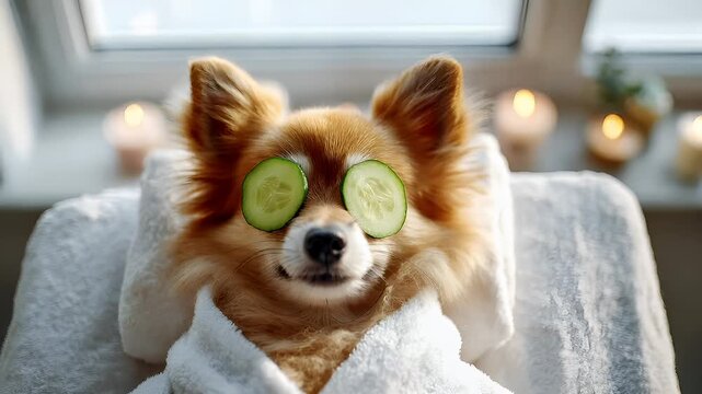 Therapy stress release treatment, health lifestyle. A dog wrapped in a white towel with cucumber slices on its eyes, set against a blurred background.