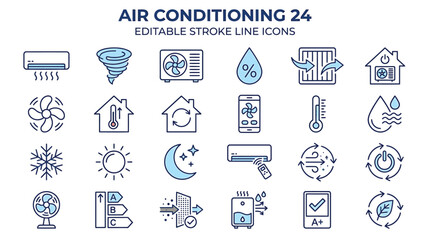 Various blue and gray line icons depict essential air conditioning and climate control functions, such as cooling units, humidity, temperature, and energy efficiency ratings. © STM  2.0
