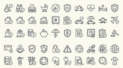 A comprehensive set of linear stroke icons illustrates diverse concepts related to personal and property insurance coverage, including health, auto, and home protection.