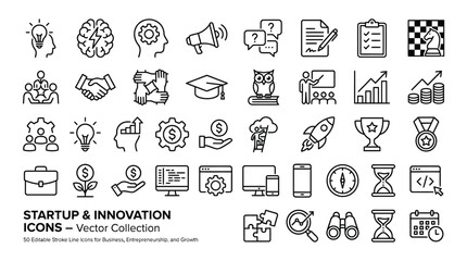 A comprehensive set of startup and innovation line icons illustrates concepts related to business development, success, education, and technology initiatives. © STM  2.0