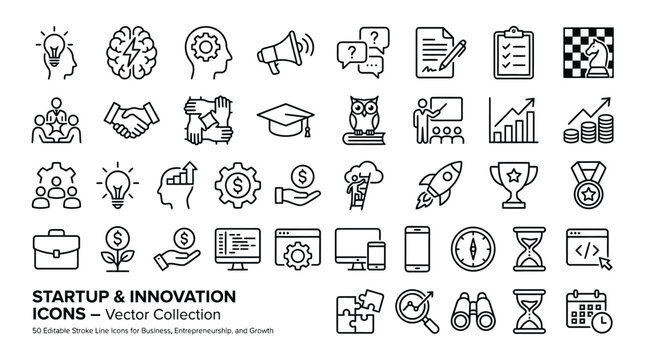 A comprehensive set of startup and innovation line icons illustrates concepts related to business development, success, education, and technology initiatives.