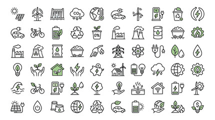 A large assortment of sixty renewable energy and sustainability icons features symbols for solar power, wind turbines, recycling, and environmental protection efforts.