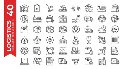 Forty linear logistics and shipping icons depict various stages of the supply chain including warehousing, transportation, tracking, and delivery processes. © STM  2.0