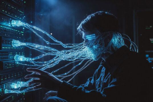 A person in virtual reality with glowing cables connected to their head and computer servers.