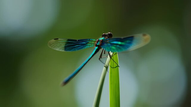 A close-up of a vibrant dragonfly perched on a blade of grass, with iridescent wings