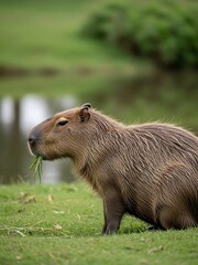Capybara grazing contentedly near a serene pond in the tranquil outdoors