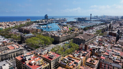 Obraz premium Barcelona Skyline In Barcelona Catalonia Spain. Aerial View Of Stunning Beach With Crystal Clear Waters. Shore Clouds Sky Beach Sea. Seaside Panorama. Barcelona Catalonia.