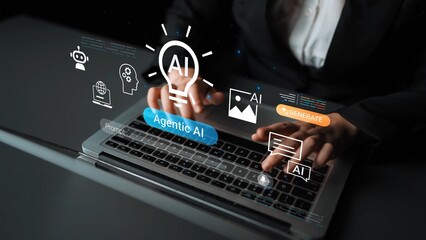 Innovative Artificial Intelligence Concepts with Laptop and Human Interaction in a Modern Workspace...