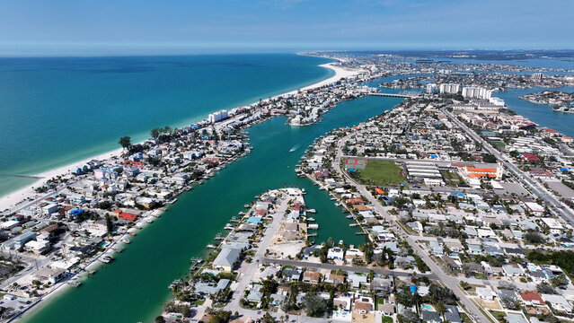 Saint Pete Beach In Saint Petersburg Florida United States. Stunning Tropical Coastline Beach Scene Viewed From Above. Deserted Skyline Idyllic Beauty. Deserted Waterfront Shore.
