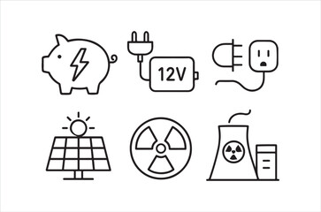 Line art icons representing various energy sources and electrical power concepts