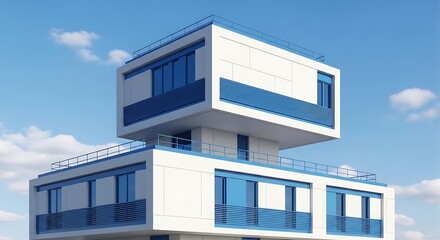 A modern white and blue building with a unique stacked design against a clear blue sky