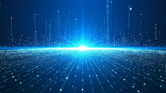 Abstract digital data flow with binary code and light effects on a blue background.