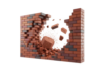 Broken Red Brick Wall Fragmenting, Crumbling Construction Material