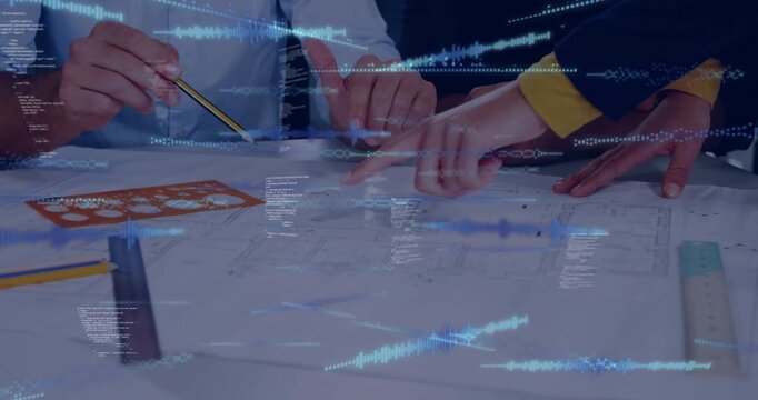 Architect and designer pointing and marking blueprint, causing holographic overlays refining design
