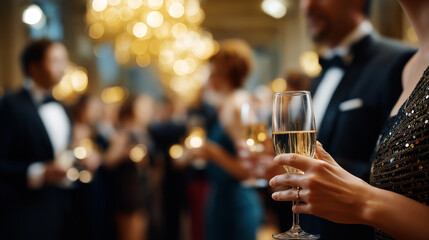 Elegant blur depicting upscale charity gala with faceless guests dressed in luxurious formal attire black tie event shimmering evening gowns tuxedos champagne flutes grand bal