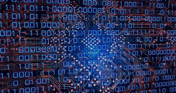 Central chip receiving data pulse, binary stream scrolling, traces pulsing, showing signal surge