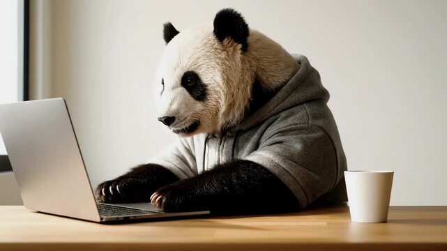 Panda in Hoodie Working on Laptop