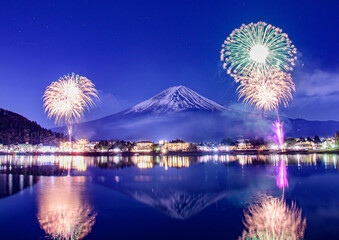 河口湖から富士山と花火