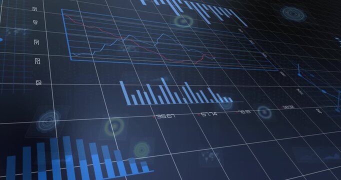 Camera gliding across grid starting blue dashboard charts shifting highlights to reveal trends