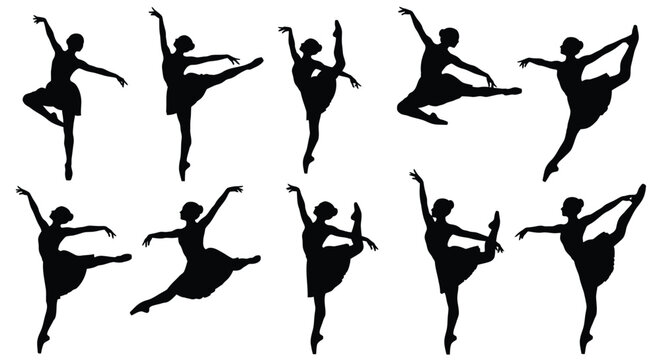 Collection of elegant female ballet dancer silhouettes performing various classical dance poses