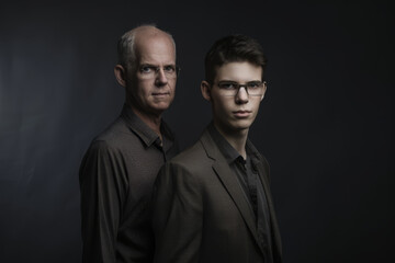 Fototapeta premium Father and son posing together, both wearing glasses and looking seriously at the camera, father's day concept