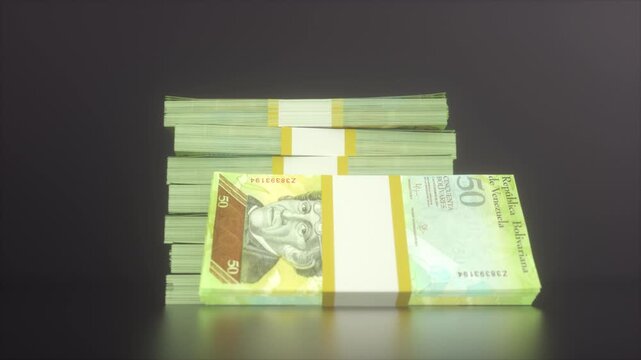 Stack of Venezuelan Fifty Bolivar Banknotes Bundled With Paper Band