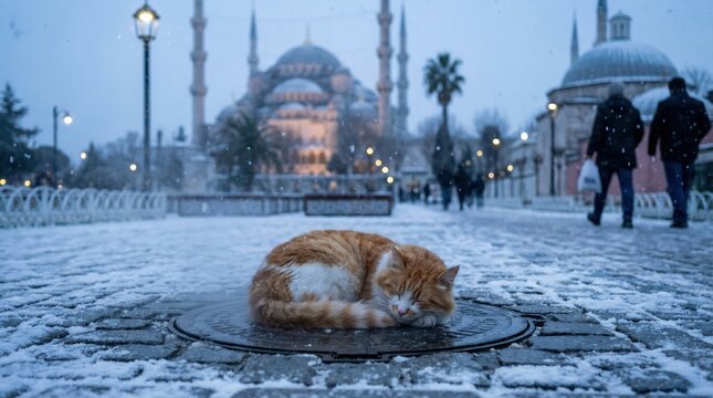 Ginger cat sleeping on snowy street near historic mosque at dusk with snowfall and silhouetted passersby