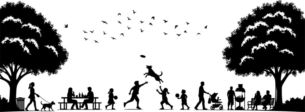 Diverse people and pets enjoying leisure activities in a vibrant park silhouette illustration