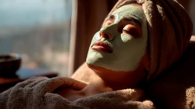 Therapy stress release treatment, health lifestyle. A woman lying down with a facial mask on her face and a towel wrapped around her head. The background is slightly blurred.