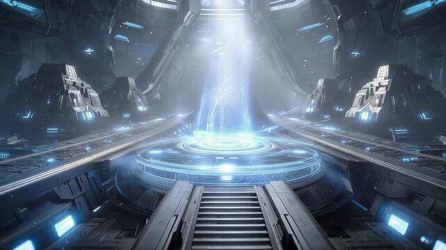 Futuristic energy chamber activation sci-fi setting digital art holographic platform cold blue lighting symmetrical design