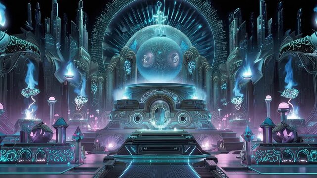 Exploring advanced alien technology temple interior with massive energy core sphere sci-fi architecture neon glows epic wide shot