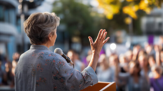 Faceless person at podium giving passionate speech outdoors in front of large crowd of supporters public speaking at rally community gathering for cause outdoor event with micro