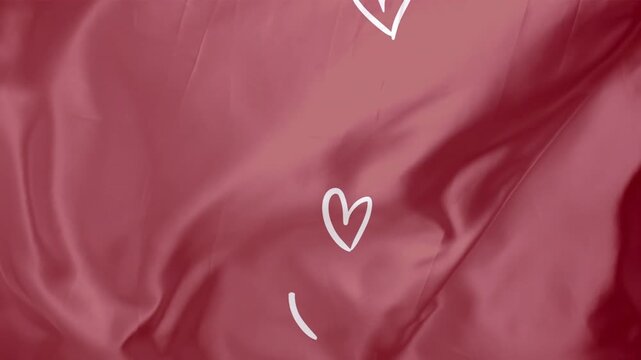Initial heart appearing, white doodle hearts animating down centered maroon satin to show love
