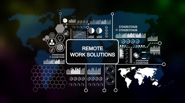 remote work solutions Concepts and Infographics in Dark Environment. Asymptotic smart data analytic on world map background. 4k animation 