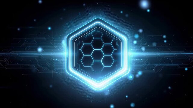 Futuristic hexagonal neon emblem with flowing cyan energy lines dark space environment sci-fi digital ui rotating display