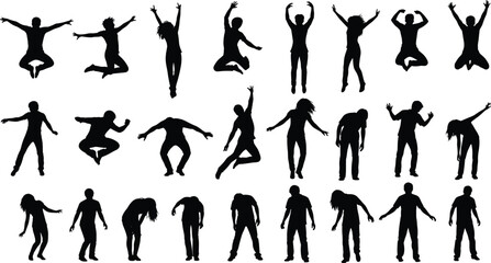 Fototapeta premium Human silhouettes, dynamic poses, jumping, dancing, standing, bending, expressive movement, posture illustration, activity icons, physical expression design